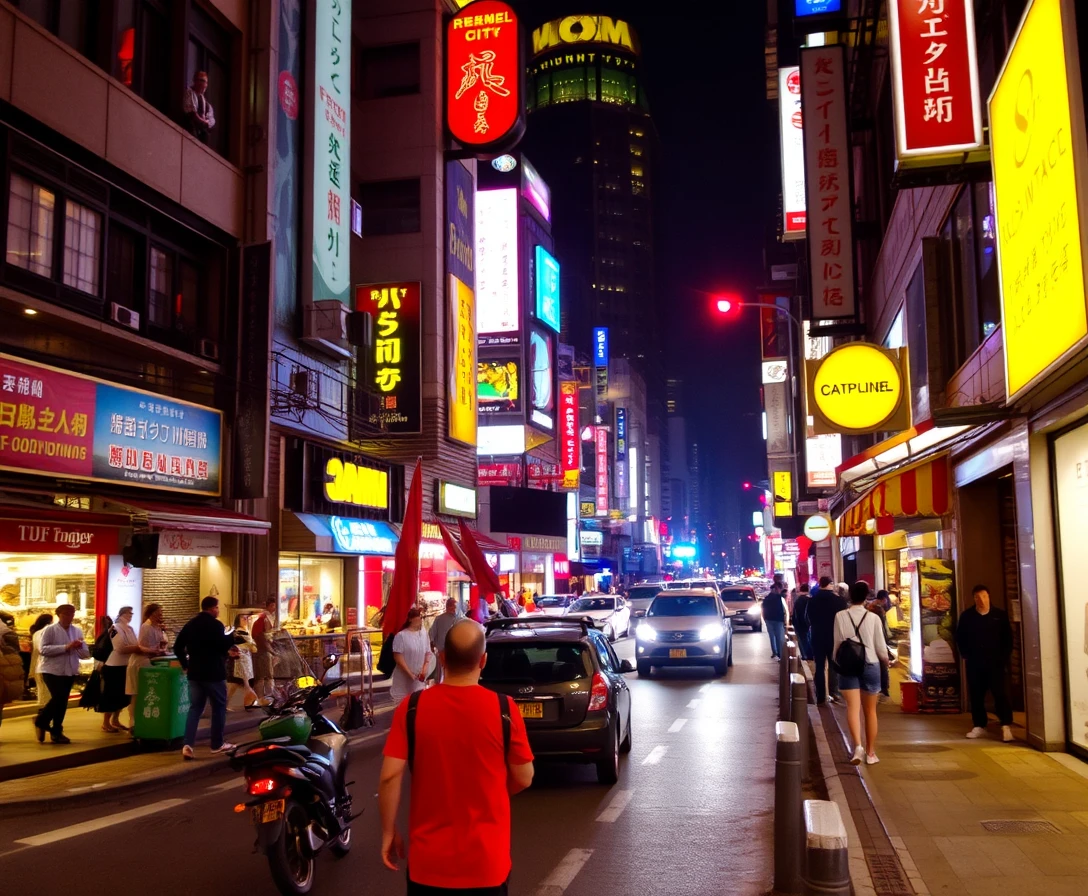 A vibrant street scene in a bustling city at night, urban photography
