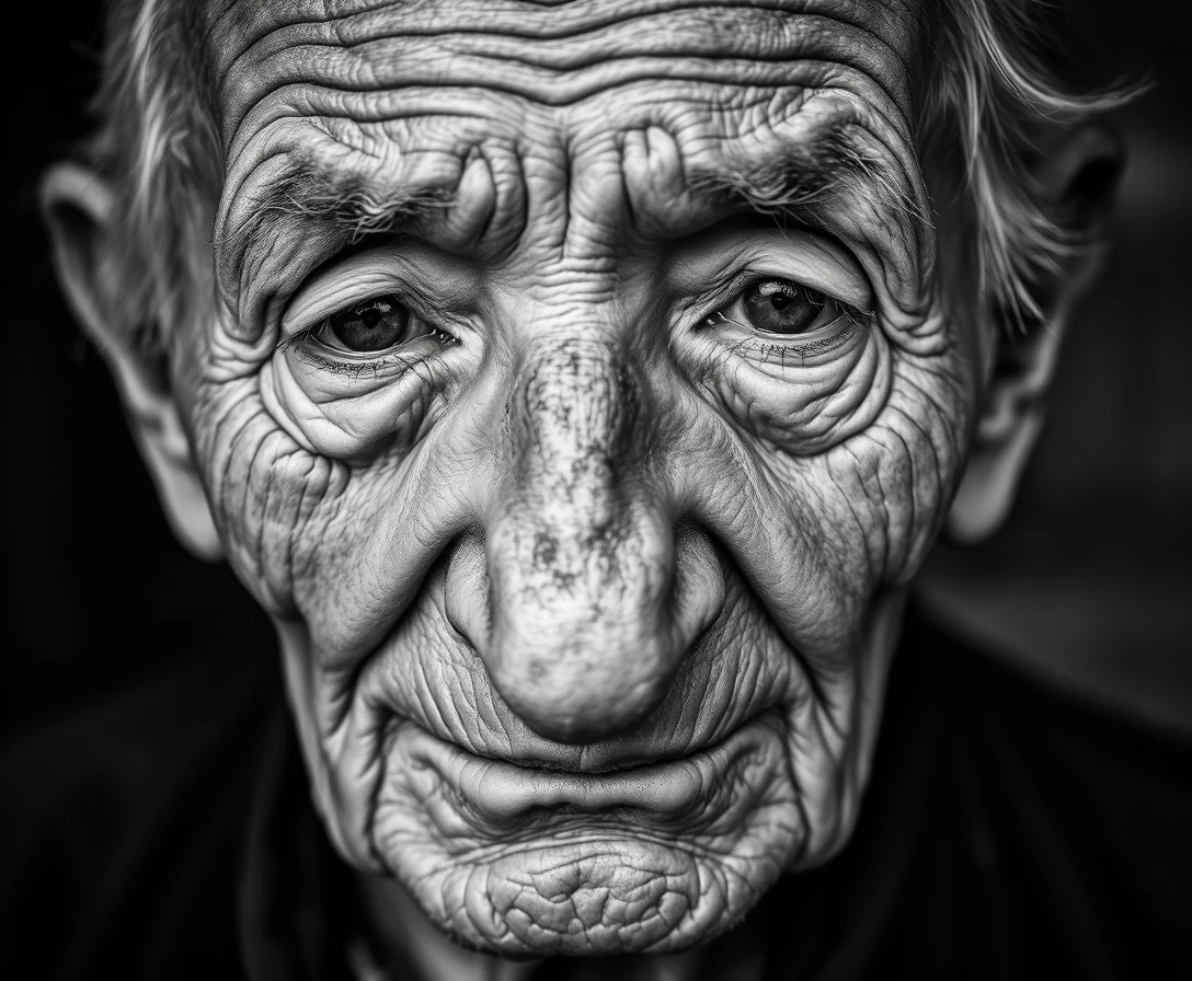 A close-up portrait of an elderly person with wrinkled skin, black and white photography