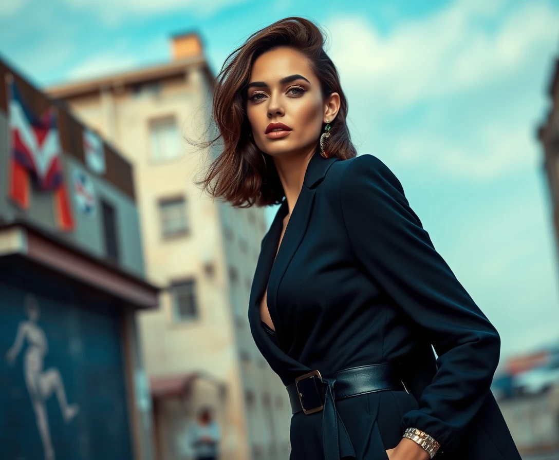 A fashion model posing in an urban setting, editorial fashion photography