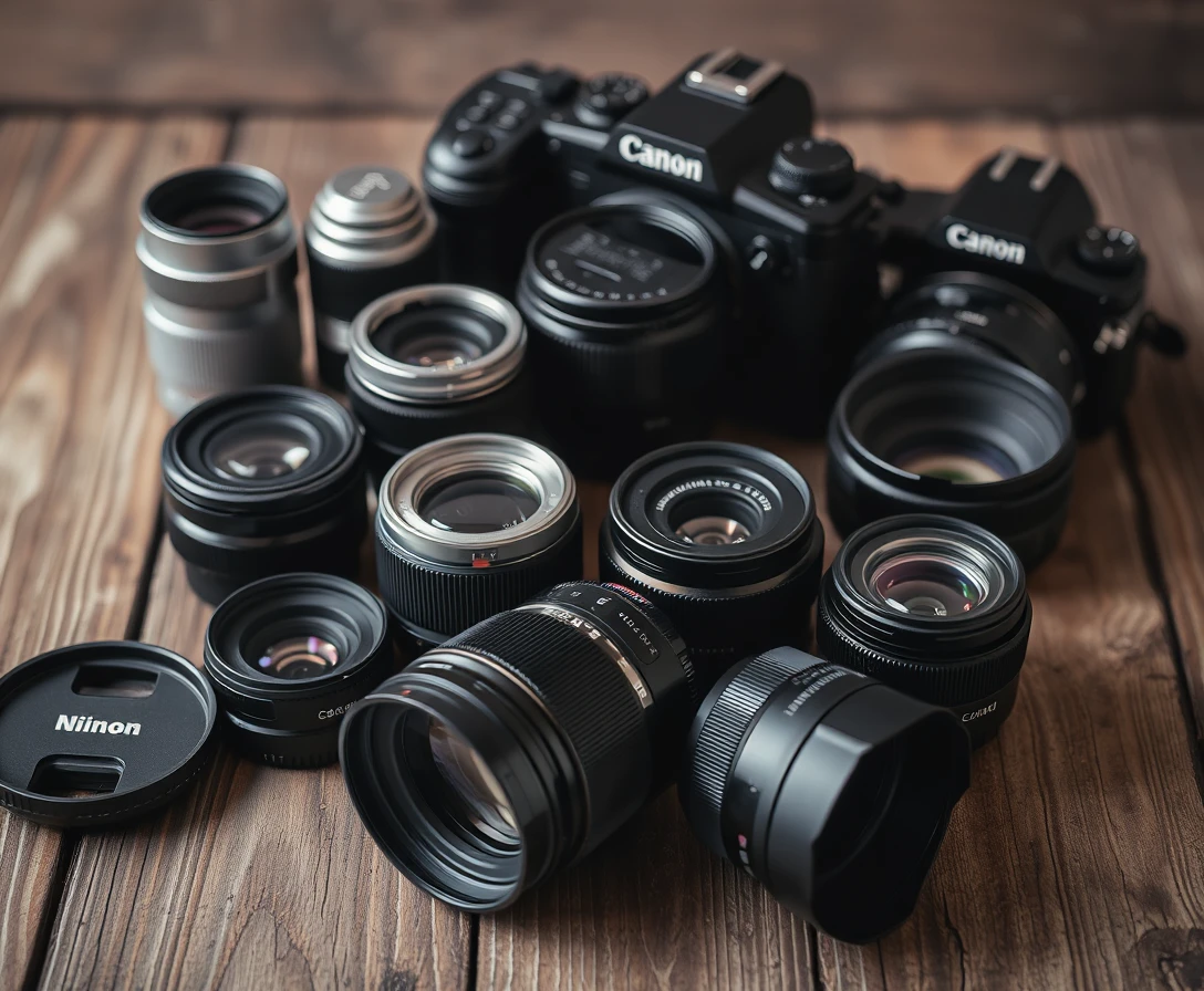 A collection of camera lenses on a wooden surface, photography equipment