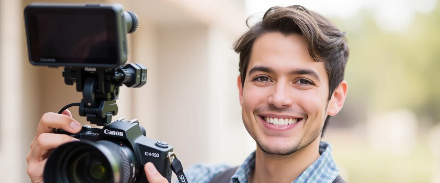 Jane Doe smiling while holding a camera, casual portrait of a photographer