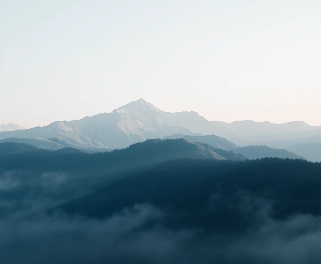 A serene landscape with a misty mountain in the background, artistic photography